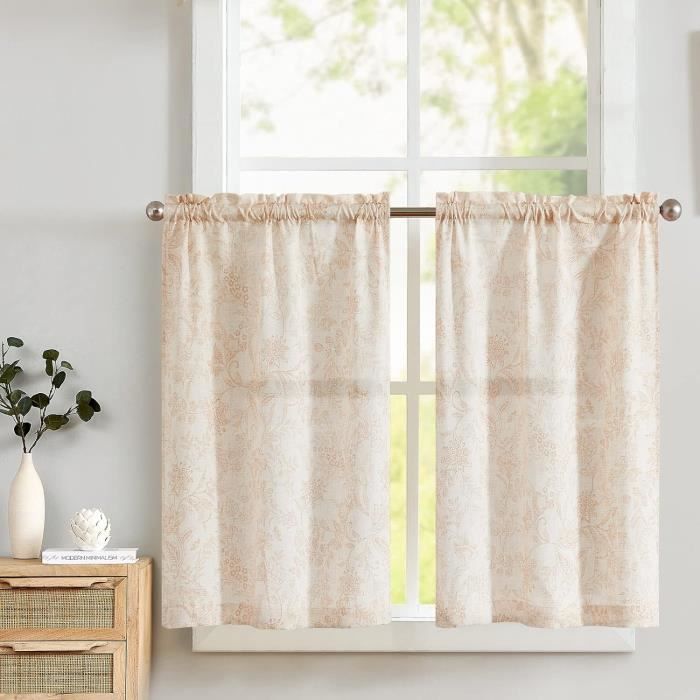 Yaland Rideau brise-bise en voile transparent avec motif élégant - Style maison de campagne - Avec bord à boules - Blanc - (H x l x l) : 50 x 100 cm - 1 pièce