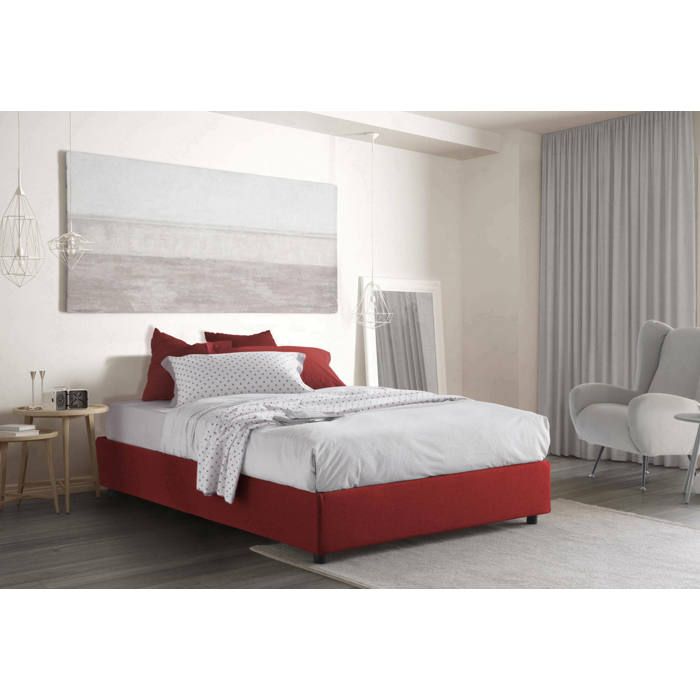 Dmora - Lit français Attilino 205x155xh32 cm Rouge Panneau effet bois et Polyester