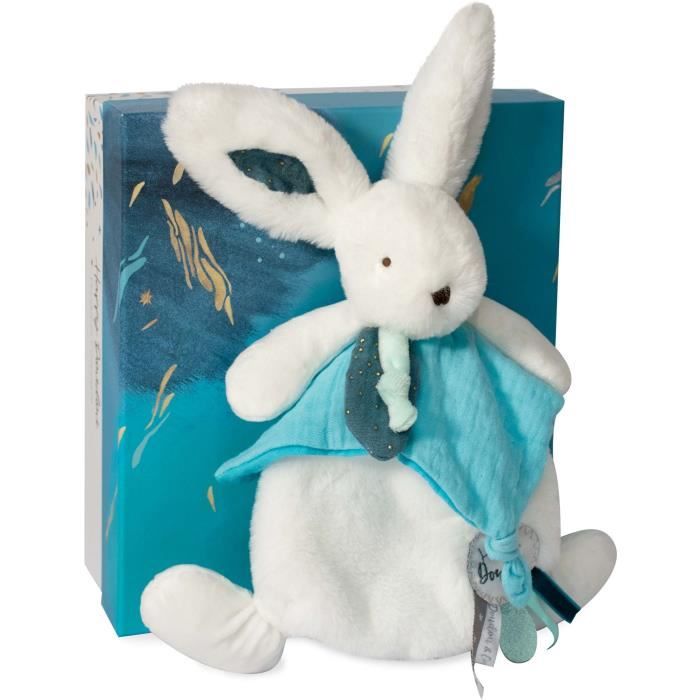 Doudou et Compagnie - Doudou Lapin -25 cm - Blanc/Bleu Paon - Lapin Pompon Paon - Idée Cadeau - Happy Pop - Happy Doudou To You