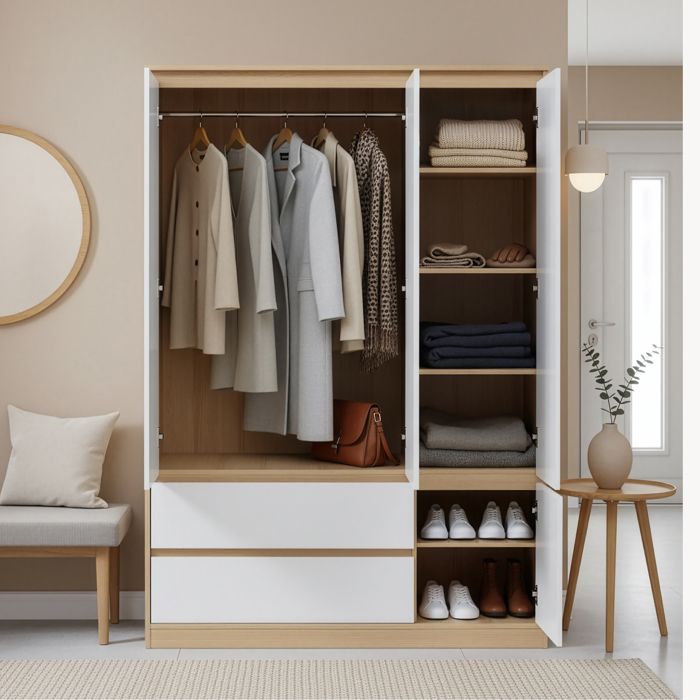 Armoire de chambre Bastheim avec 6 étagères et 2 tiroirs MDF 176 x 120 x 52 cm effet chêne blanc