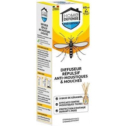 HOME DEFENSE HDSTICK - Répulsif Bâtonnets Anti-Moustique et Mouches (1 diffuseur 60 ml + 8 bâtonnets) - Protection pendant 1 mois
