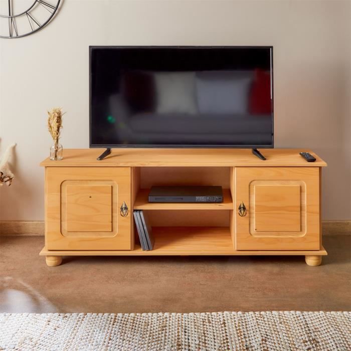 meuble tv en bois style campagne avec 2 portes et 2 niches - belfort - idimex