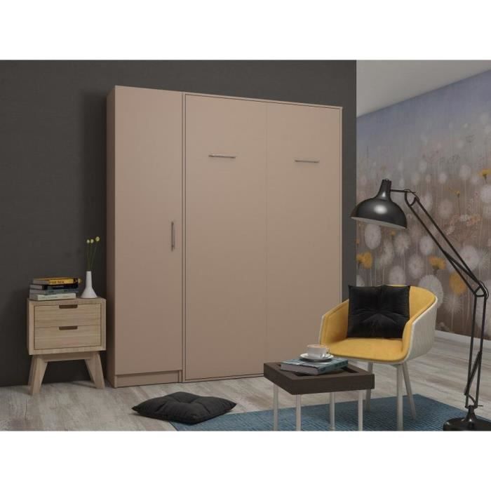 armoire lit escamotable smart-v2 taupe mat couchage 140 x 200 cm colonne armoire beige bois inside75