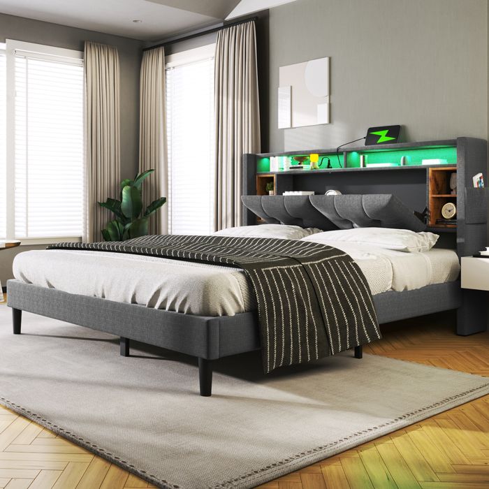 Lit adulte 140x200 cm - Tête de lit avec rangement LED et ports USB - Sommier inclus - Gris