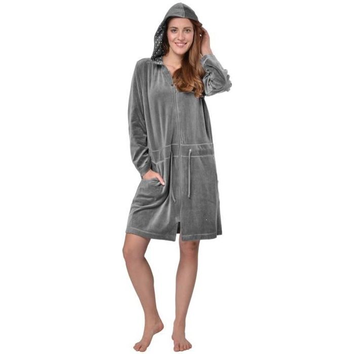 Robe de chambre en velours courte ?� capuche RAIKOU Homewear Mixte Gris Gris - Cdiscount Pr??t-?� 
