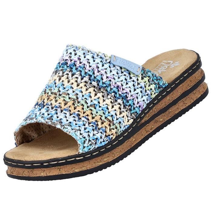 Mules compensées femme Rieker Bleu/Multicolore Talon compensé 40mm  Textile doux