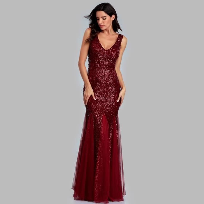 Minetom Robe Élégante Femme Col V à Paillettes Avec Glands - Maxi Robe Longue Demoiselle D'Honneur Soirée Mariage Cocktail