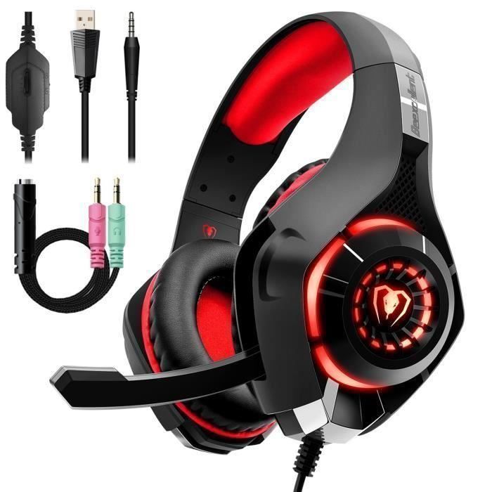 Casque Gamer PS4 POPSPO - Filaire - Rouge - Micro anti-bruit Led