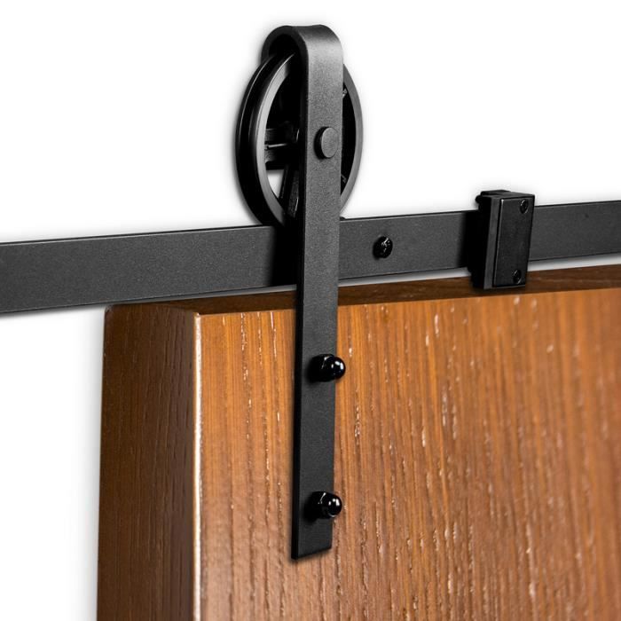 Kit Porte Coulissante Suspendue Emuca – Rail 2m + Frein Amorti – Pour Porte En Bois (30-45mm) – Style Industriel Noir