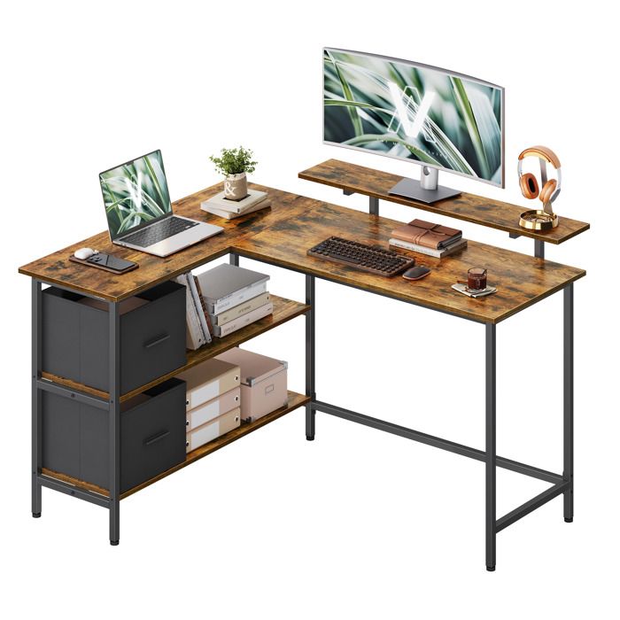 Bureau Forme en L avec 2 Tiroirs Spacieux et Support pour Écran Étagère Réglable Longueur 135 cm pour Bureau Marron Rustique