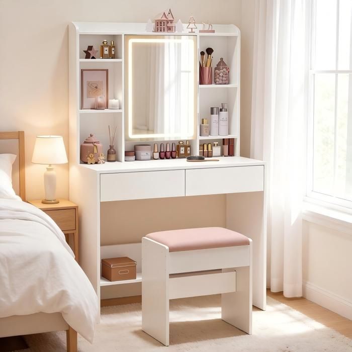 VASAGLE Coiffeuse avec Éclairage LED Tabouret de Maquillage 2 tiroirs Moderne 40 x 90 x 1447 cm Blanc