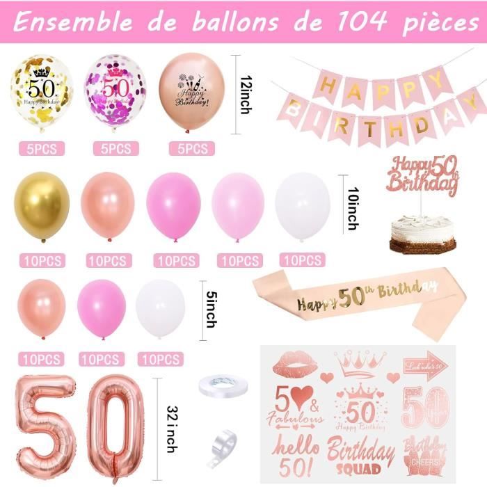 Kit Décoration 50 Ans Femme Or Et Rose - Ballons, Bannières, Pompons, Pour Fête D'anniversaire