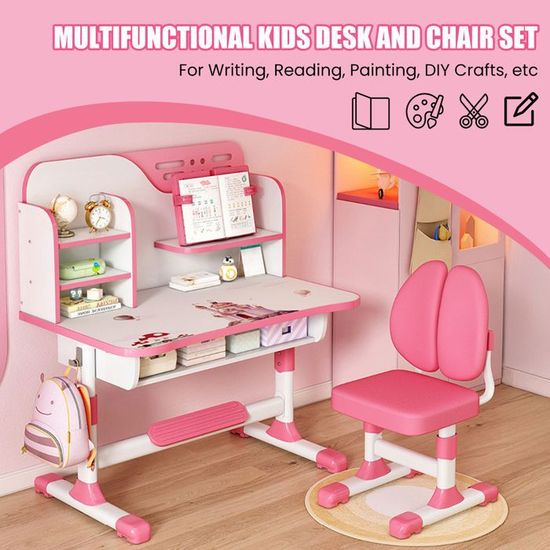 Ensemble De Bureau Pour Enfant Avec Support De Livre, Bureau D'étudiant, Table Et Chaise Réglables En Hauteur Avec Tiroir, Chaise De Bureau Pour