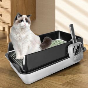 Bac à Litière Pour Chat 40x30x19 Cm - Acier Inoxydable, Bac Profond Anti-fuites, Avec Grille Et Pelle, Pour Appartement