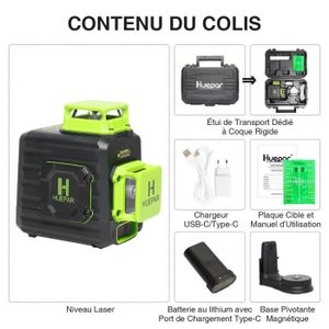 Niveau Laser 3 x 360 °, Niveau Laser Vert 3D 12 Lignes Niveau Laser Rotatif avec 2x4000 mAh