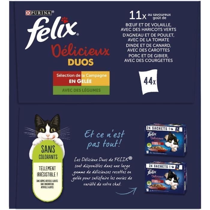 FELIX Tendres Effilés Délicieux Duos en Gelée - Sélection de la Campagne  aux Légumes - 44x85 g - Sachets fraîcheur pour chat adulte - Cdiscount