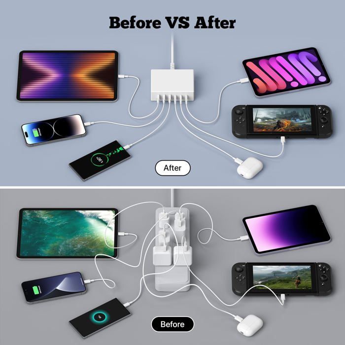 Chargeur Voiture 6 Ports USB PD Rapide (3PD+3USB) - 12V-24V - Neuf