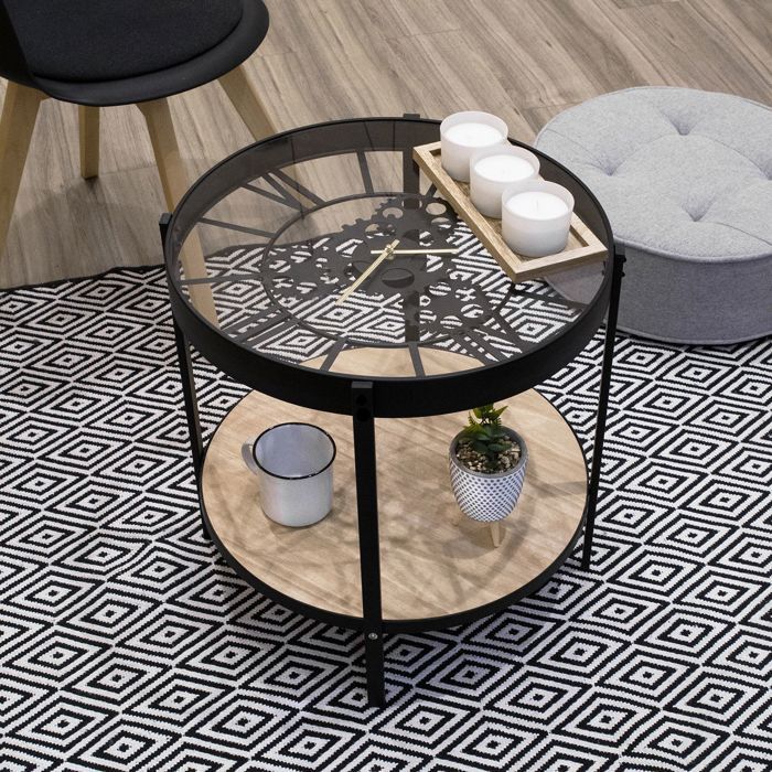 Table Basse Horloge Transparente - Noir Et Fer - 50.5x50.5x51cm - Déco Moderne
