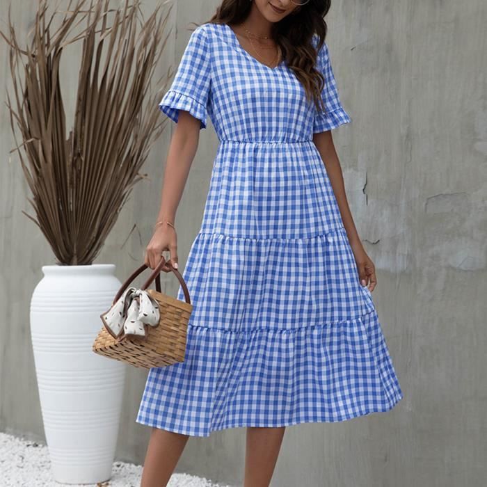 Dilwe Robe a carreaux pour femmes Robe Longue a Carreaux pour Femmes Robe D ete a Col en V Vintage a Manches en vetements robe Light blue Cdiscount Pret a Porter