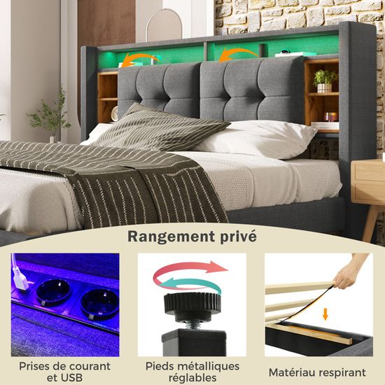 Lit Double 140x190 Avec Sommier Et Rangement - 4 Tiroirs, LED, USB - Tête De Lit Rembourrée - Sans Matelas