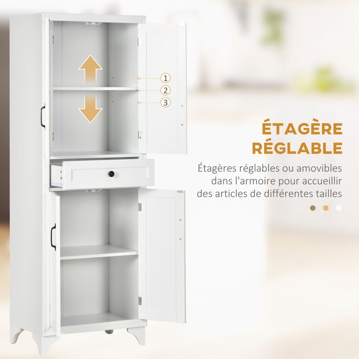 Armoire De Cuisine HOMCOM 4 Portes - Meuble De Rangement 6 Étages Avec Étagères Réglables (Blanc)