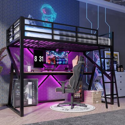 Lit Mezzanine Enfant 90x200 Cm Avec Bureau Et éclairage LED - Noir - 3 Tiroirs - Prise USB - Sans Matelas - 3