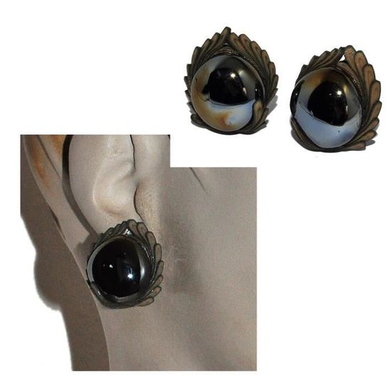 Boucles D'oreilles Vintage Clips Verre Irisé - Style Space Age Années 70/80 Disco - Occasion