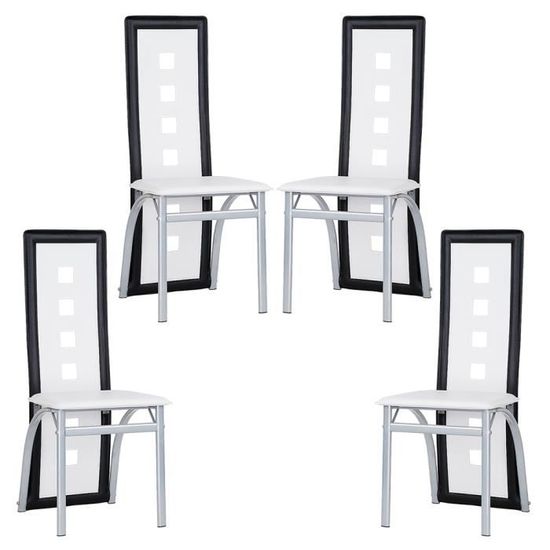 Chaise Moderne pour Cuisine Salle à Manger - QIAN - Set 4 - Structure en Métal Chrome + Simili cuir - Blanc/Noir