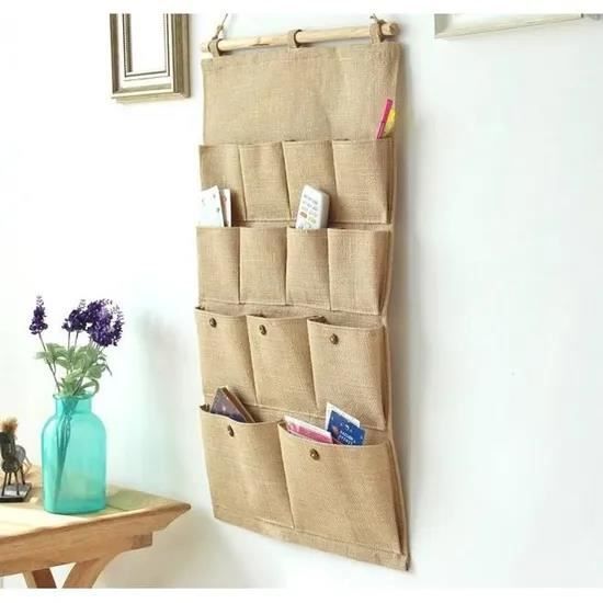 2 Sacs De Rangement Suspendus Mural - Tissu Lin Et Coton - Avec Crochets - Pour Porte Ou Mur - Blanc