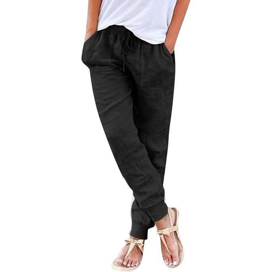 RLEHJN Pantalon Lin Femme Été Décontracté Pantalon Fluide Femme Été Pantalons Large En Coton Chanvre Confortable Ample Elastique Taille Haute Pant Léger Unie Avec Poches Pantalons Coton Lin Pour Plage