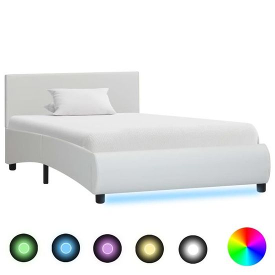 2070Couchage|Lit 1 personne,Cadre de lit avec LED Adulte Contemporain & Spacieux Sommiers à Lattes,Blanc Similicuir 100 x 200 cm