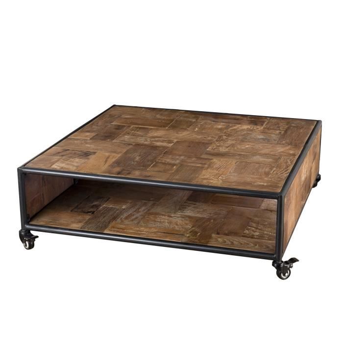 MACABANE ALIDA - Table basse carrée marron à roulettes 100x100cm 1 étagère teck recyclé et métal noi