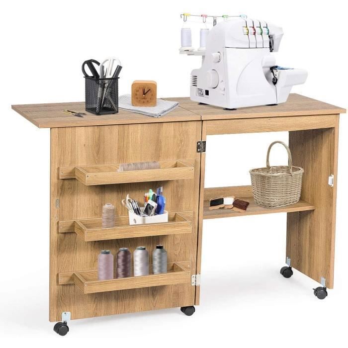 Table de Machine à Coudre Pliable, Meuble Machine à Coudre,4 Etagères de Rangement, Brun