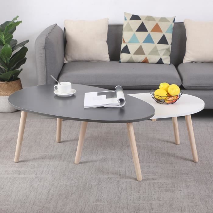 Lot de 2 Table Basse Gigognes OVALE pour Salon, Bureau, Design Scandinave Gris et Jaune