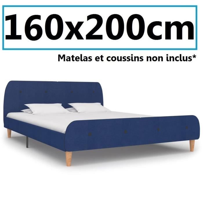 Lit Sommier 160x200cm adulte Chambre design avec dossier Rectangle Bleu Tissu pieds en bois Grand