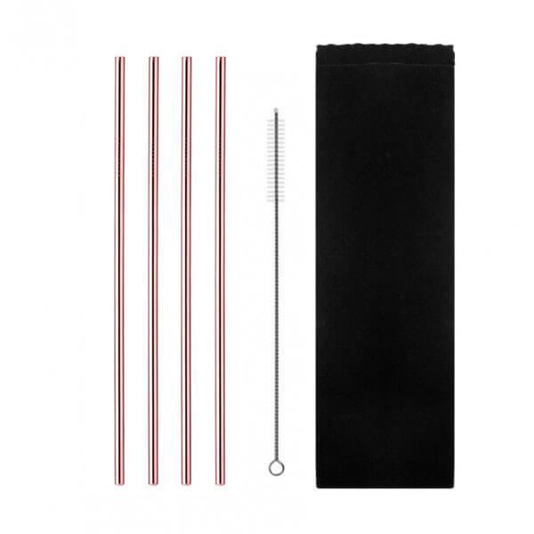 Pailles inox or rose métal + goupillon - Lot de 4 pailles