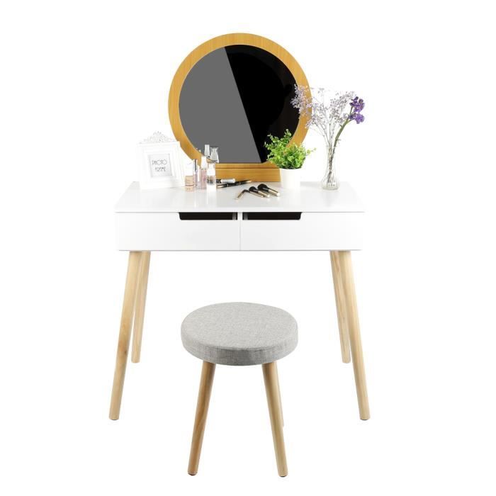 80×40×128 CM COIFFEUSE TABLE DE MAQUILLAGE EN BOIS AVEC MIROIR ROND ET 1 TABOURET