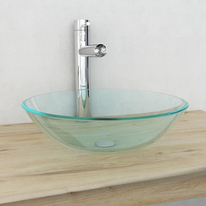 Verre trempé de Lavabo Vasque à poser Salle de Bain Lave Main Haut de Gamme 42 cm Transparent