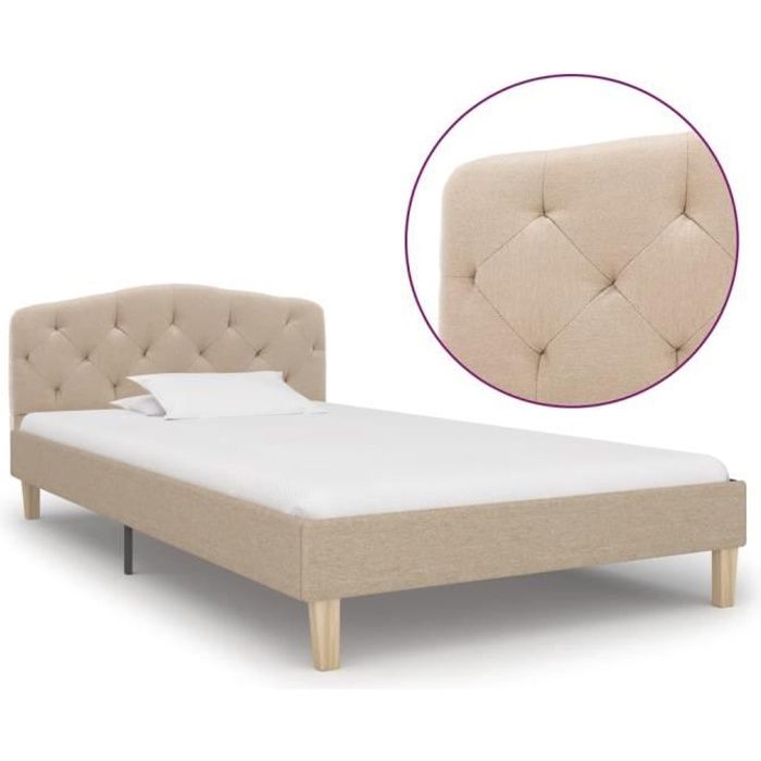 Cadre De Lit Capitonné Beige : Simple 90*200 Cm - Design Classique&Élégant - Intime&Confortable En Tissu&Bois - Sommier Inclus