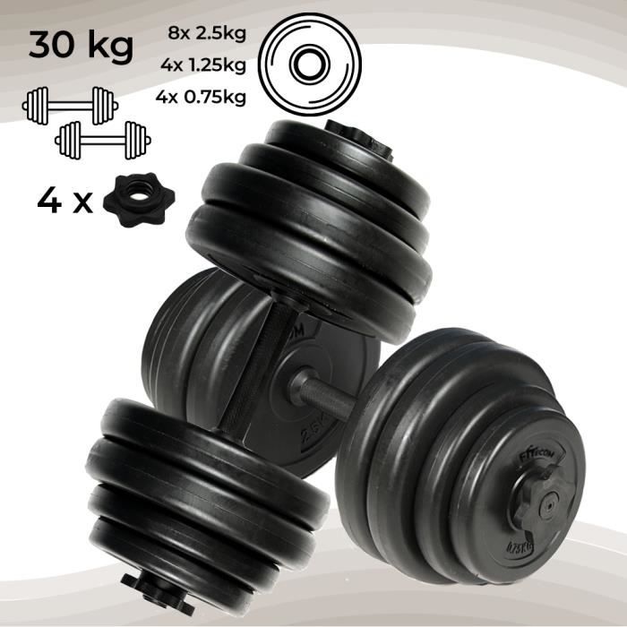 2 Haltères Courts 49 cm et 16 Disques en Acier 30 kg (2x 15kg) Fitness Haltérophilie Musculation Biceps FITecom