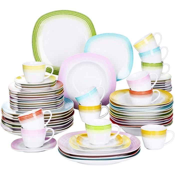 VEWEET, Série Spark, Service Complet 60 Pièces pour 12 Personnes, Assiette Vaiselle en Porcelaine, Style Nature