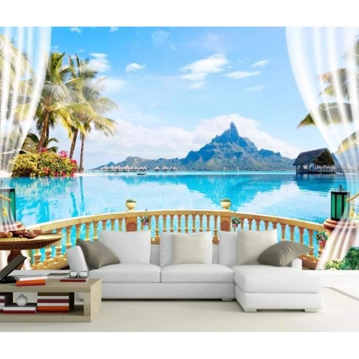 Papiers peints Papier Peint 3D Balcon Cocotier Avec Vue Mer Papier Peint Panoramique Intissé Chambre Salon Décorati163