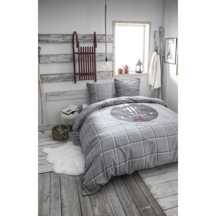 TODAY Parure de couette 100% Coton SKI MOUNTAIN 220x240cm + 2 taies d'oreiller 63x63 cm - Gris