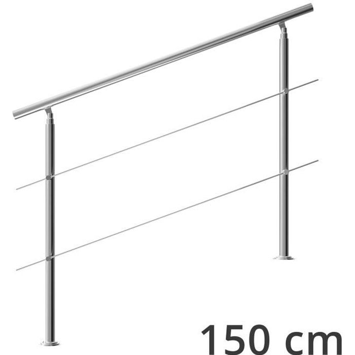 Rampe d'escalier 150 cm acier inoxydable 2 traverses main courante balustrade garde-corps aide escalier balcon intérieur extérieur