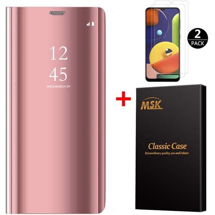 Coque Samsung A51 + [2 Pack] Verre trempé, Miroir Case Avec Stand Flip Protection Pour Samsung Galaxy A51 - Or Rose