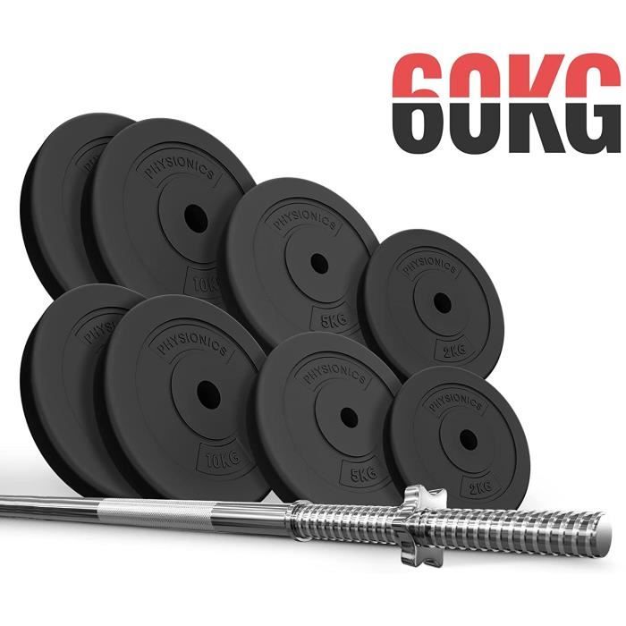 Physionics® Barre d'Haltère Longue avec Disques de Poids - Barre (165cm, Fermoirs, Max. 500kg) avec Disques 60 kg, Ø 31 mm - Fitness