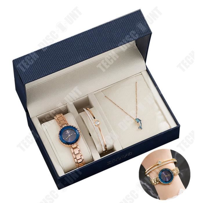 TD® Coffret Cadeau Montre en Quartz femme - Chanceux - Beau Zircon - Un Bracelet en Acier Inoxydable+ Collier -Or Rose -Cadran Bleu