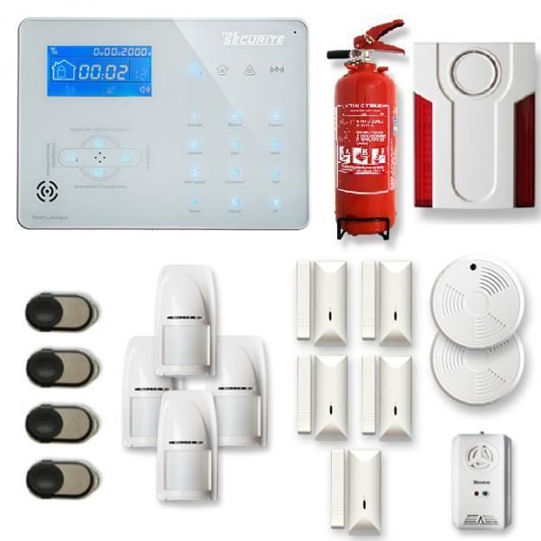Alarme maison sans fil ICE-B 4 à 5 pièces mouvement + intrusion + détecteur de fumée + gaz + sirène extérieure + extincteur - Compat