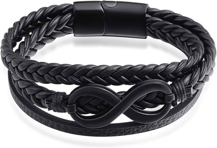 Bracelet Tressé Mixte Cuir & Acier Inoxydable Noir - Fermoir Magnétique - Longueur Réglable 19-20cm