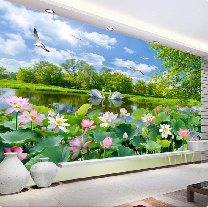 Papier Peint 3D Lac Des Cygnes Lotus M36 - Auto-adhésif - Andrian Chesterman